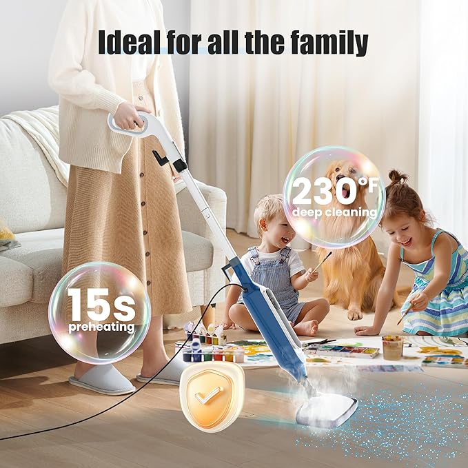 12 in 1 Steam Mop, Detachable Handheld Steam Cleaner for Home, 23FT Cord, for Hardwood Floor Cleaning, Tile, Carpet, Furniture, Clothes, Windows, Blue