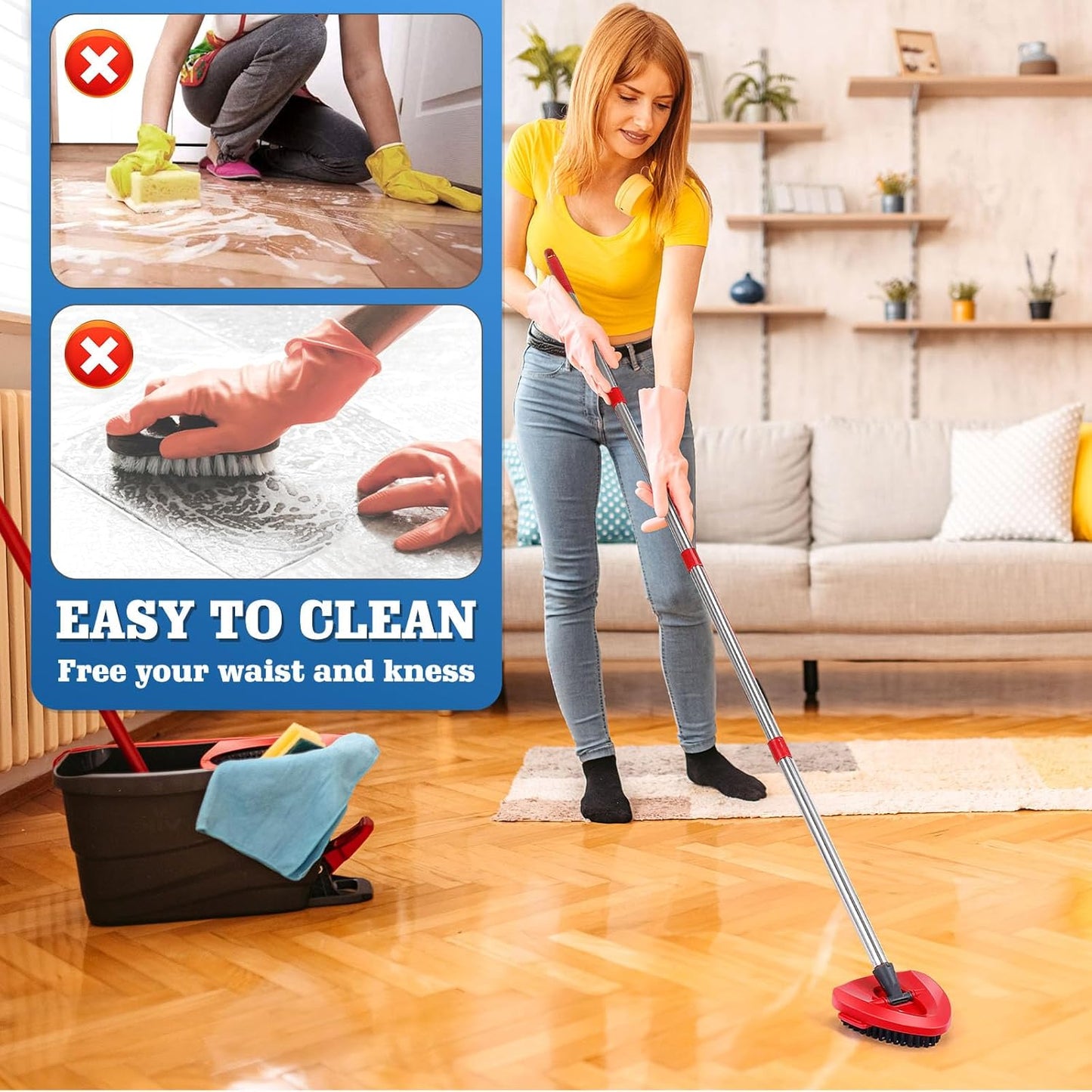 1 Pcs Spin Mop Replacements Scrub Brush and 1 Mop Base with 2 Pcs Scouring Pad Compatible with Cedar EasyWring 1 Tank System,Including 2Pcs Scouring Pad + 6Pcs Scrub Sponge Heavy Duty