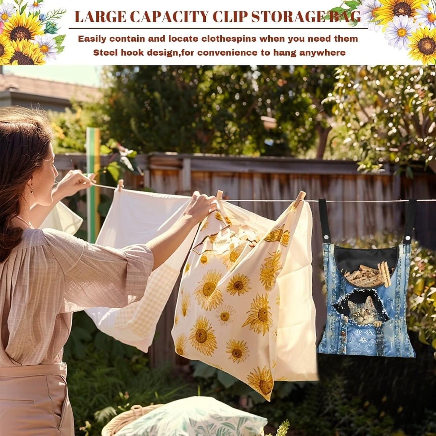 2 Pcs Clothespin Bag, Cat Pin Bag with Hanging Rope for Home Outdoor,Laundry Hanging Bag Fits Clothes Lines for Hanging Clothes Outside Balcony Bathroom Corridor Yard