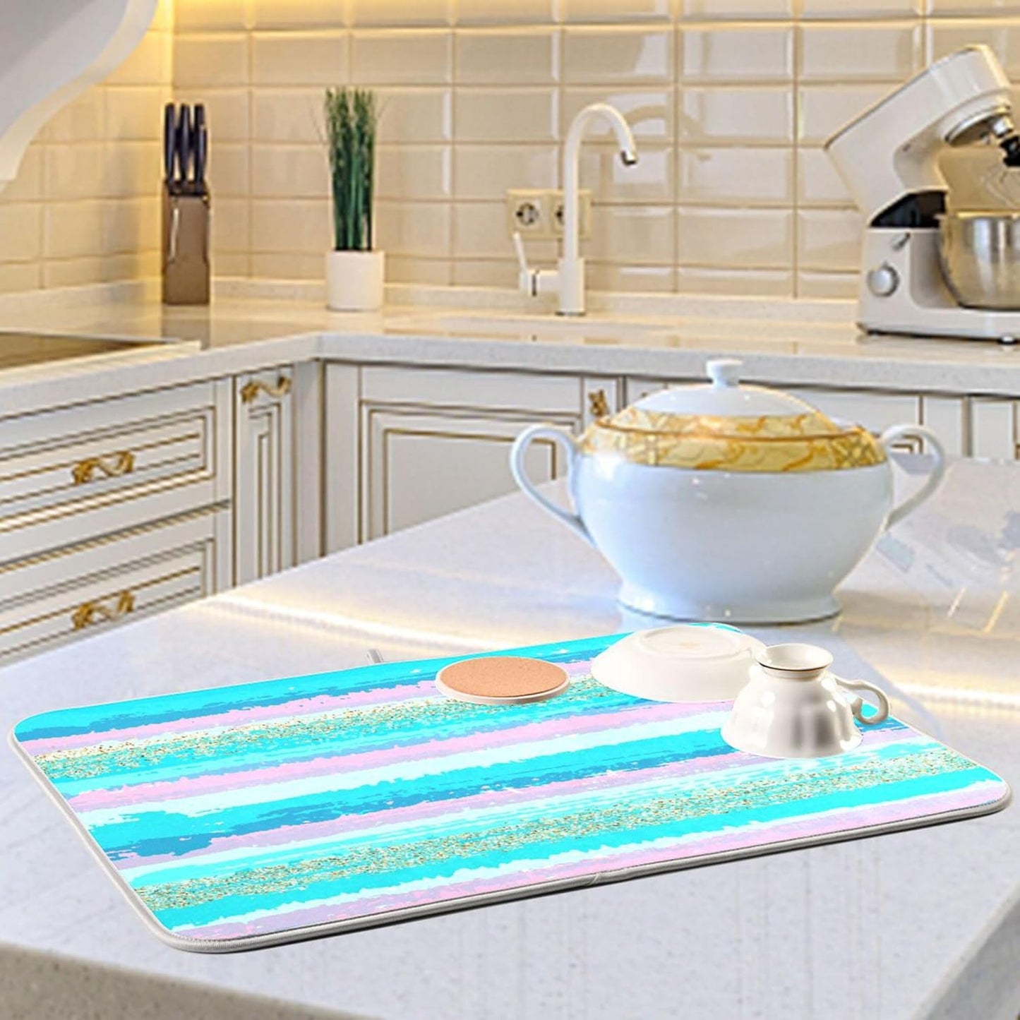 Turquoise Stripe Dish Drying Mat for Kitchen Countertop 16x18 Rectangle Teal Aqua Small Drying Mat Reusable Quick Dry Dish Sink Absorbent Mats Dishwasher Easy Clean Decorative Home Decor Essentials