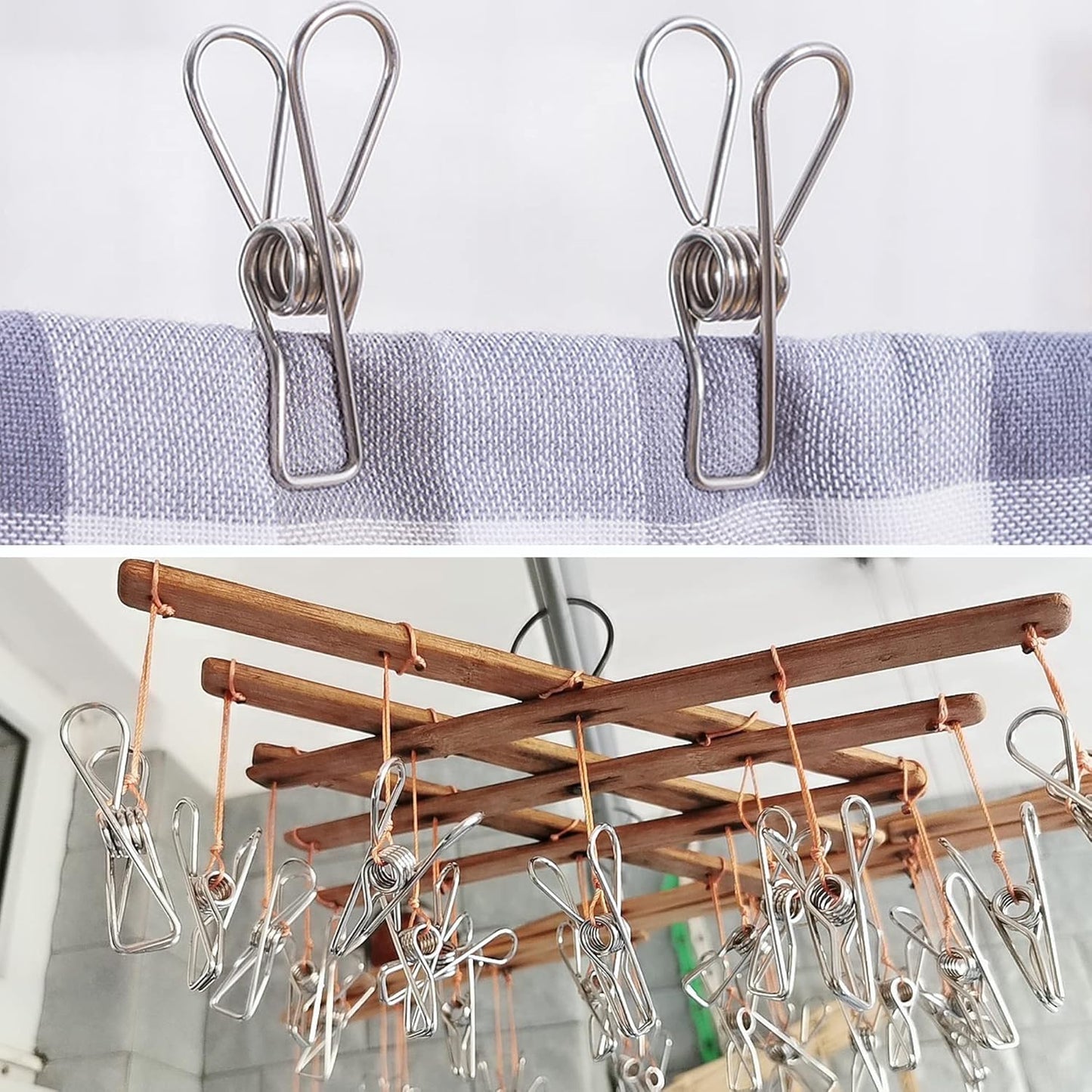 100 Pcs Clothespins Laundry Chip Clips - Durable Stainless Steel Clothes Pins,Heavy Duty Clamp Metal Wire Clothes Pegs with One Storage Bag & 2 Hooks,for Outdoor Clothesline Home Kitchen Office