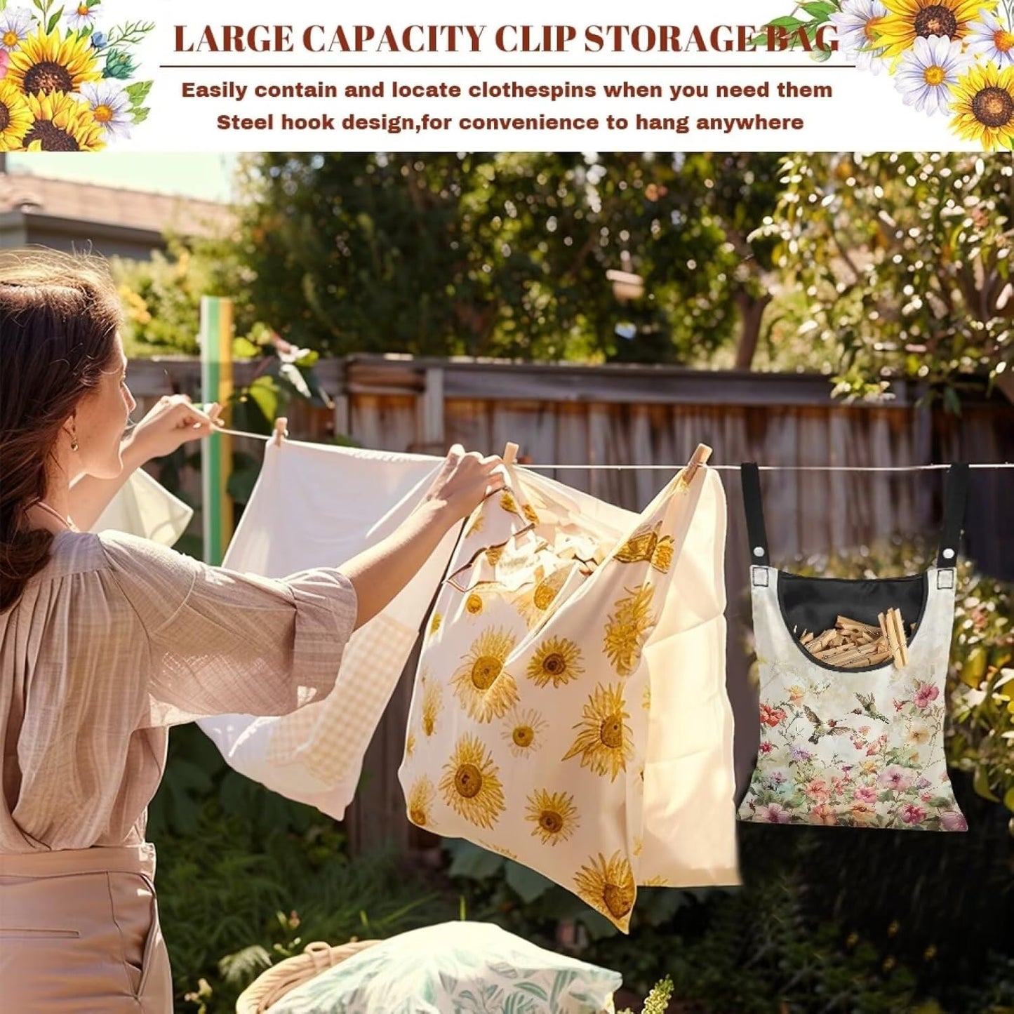 Hummingbird Pink Clothespin Bag, Large Clothes Pin Hanging Bag, Pin Bag with Large Opening for Clothes Lines Outside Yard Home Decoration