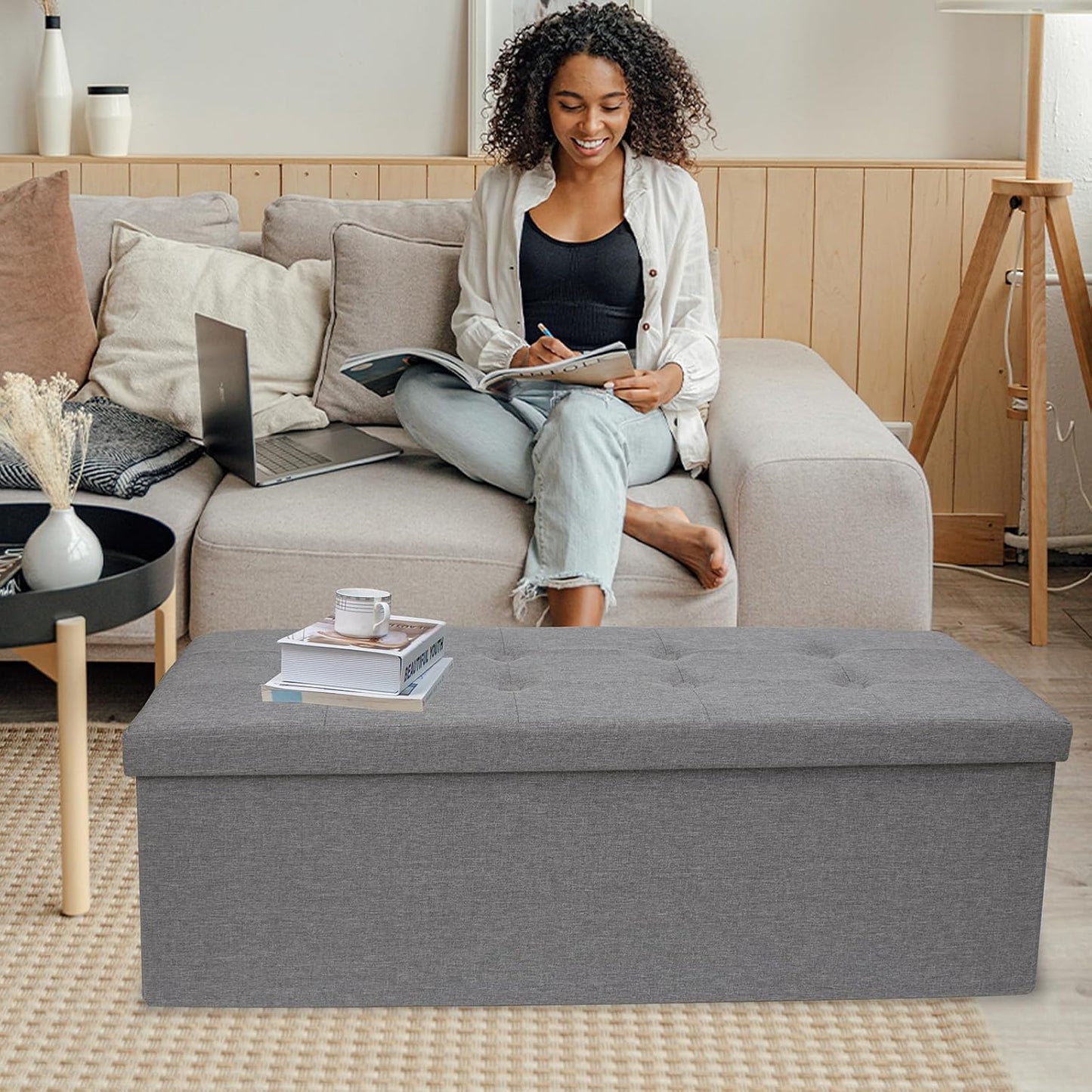 GLAXYFUR 43.3 inches Folding Storage Ottoman Bench Storage Chest Footrest for Bedroom, Entryway and Living Room, Holds up to 660 lb Dark Grey