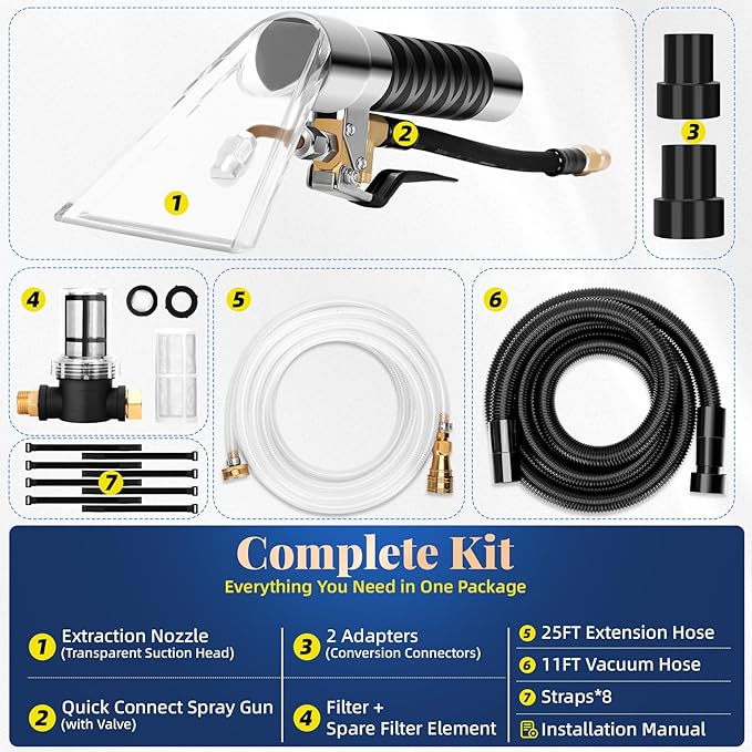 Better Extractor Hose Kit for Shop Vac, Universal Shop Vac Extractor Kit with 25FT Waterline, 11FT Vacuum Hose& Adapter, Converts Vacuum to Upholstery Extractor for Auto Detailing & Home Cleaning