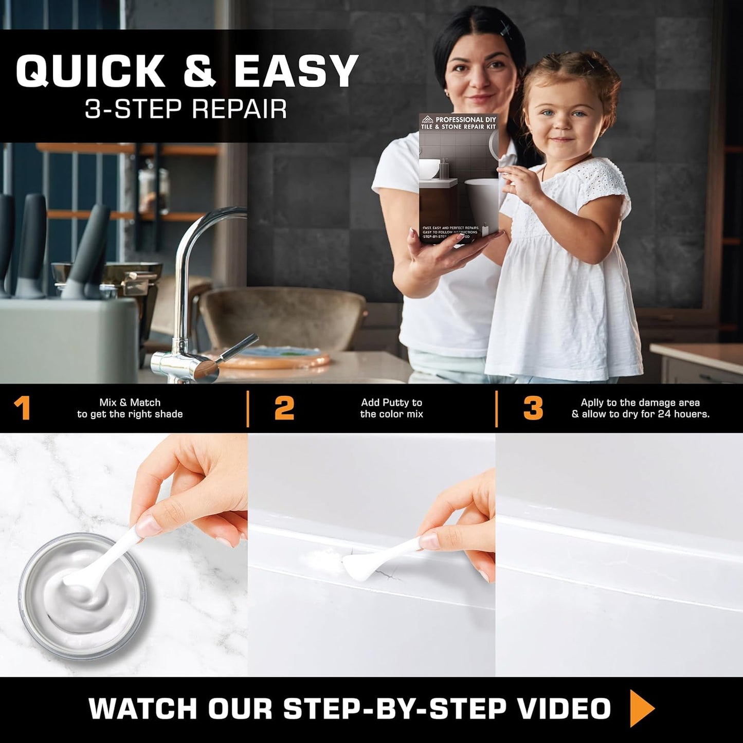 Porcelain Repair Kit - Tile and Stone Repair, Marble Repair, Tub and Tile Refinishing, Crack and Chip Filler for Ceramic Floors, Shower Tiles, Bathtubs, and Granite Surfaces