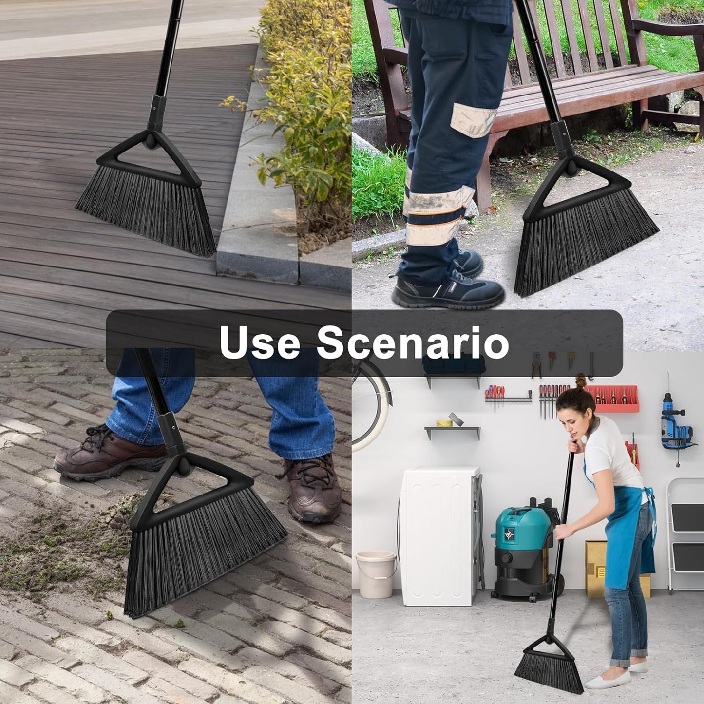 2PCS Heavy Duty Angle Broom, Long Pole Brooms for Indoor, Outdoor Sweeping, Kitchen to Courtyard, Black