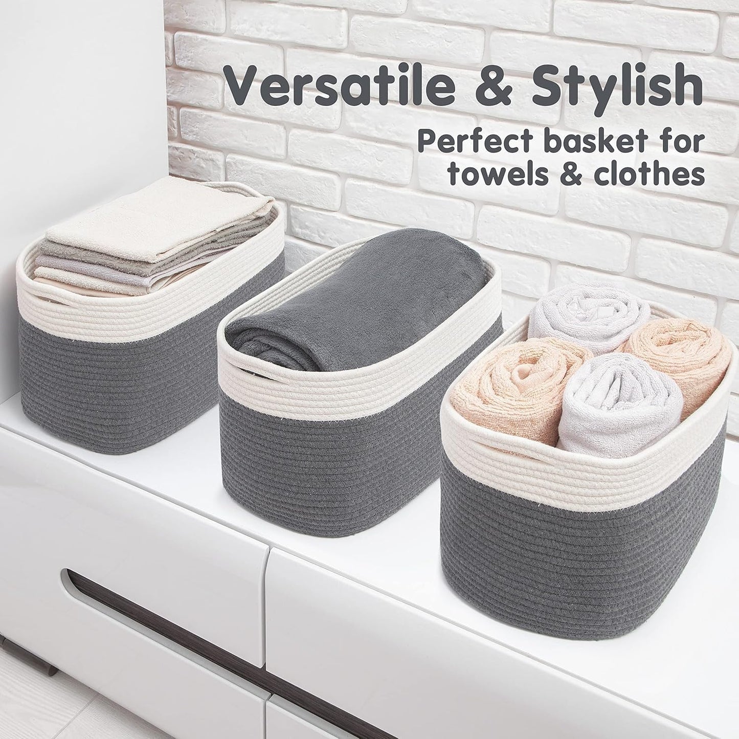 CHAT BLANC Cotton Rope Baskets for Organizing | Storage Baskets for Shelves | Rope Basket for Storage, Small Laundry Baskets, Woven Baskets for Storage, Dog Toy Bin, Baby Basket, White&Graphite 3 Pack