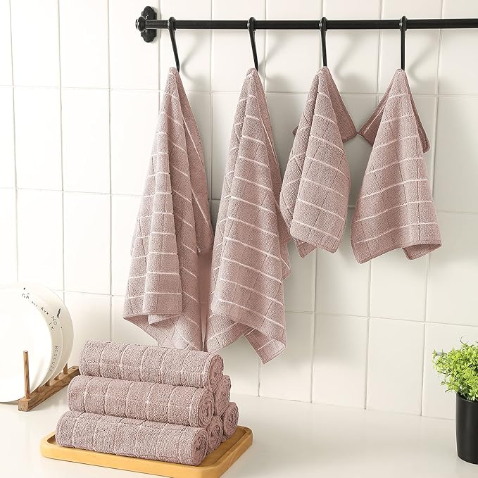 Microfiber Kitchen Towels and Dishcloths Set, 26 X 18 Inch and 12 X 12 Inch, Set of 12 Bulk Lint Free Dish Towels for Drying Dishes, Camel