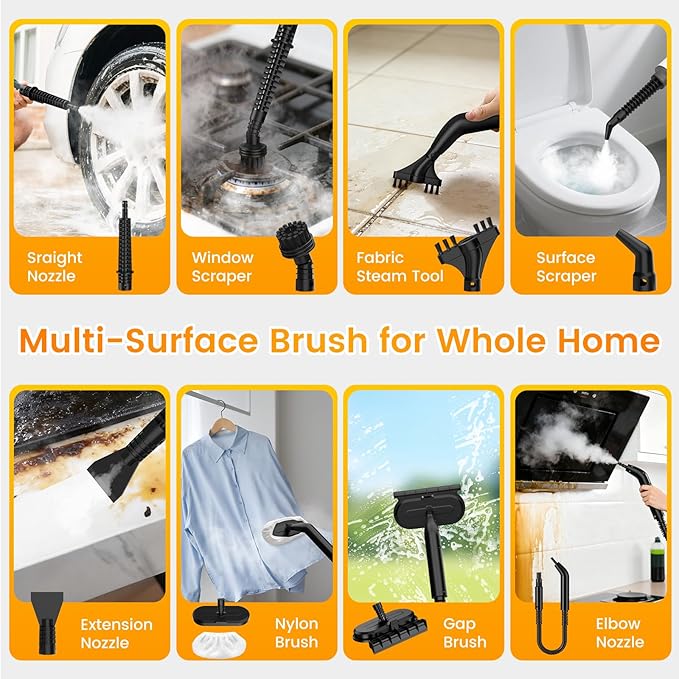 Steam Cleaner, Adjustable Handheld Steam Cleaner for Home, 10s Fast Heat-Up & 450mL Tank, Multi-Surface Portable Steamer for Cleaning Floor/Grout/Car/Kitchen & Bathroom Yellow