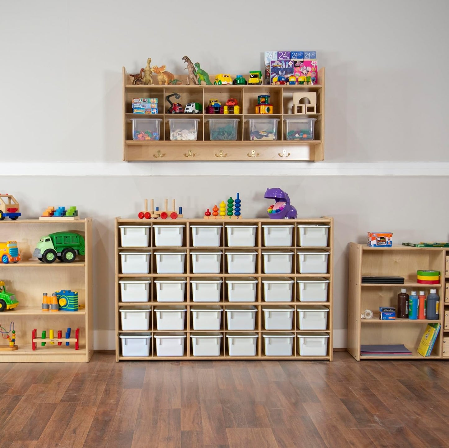 Wood Designs Cubby Storage Bin, Heavy Duty Plastic Containers for Kids White Cubby Tray Set of 20
