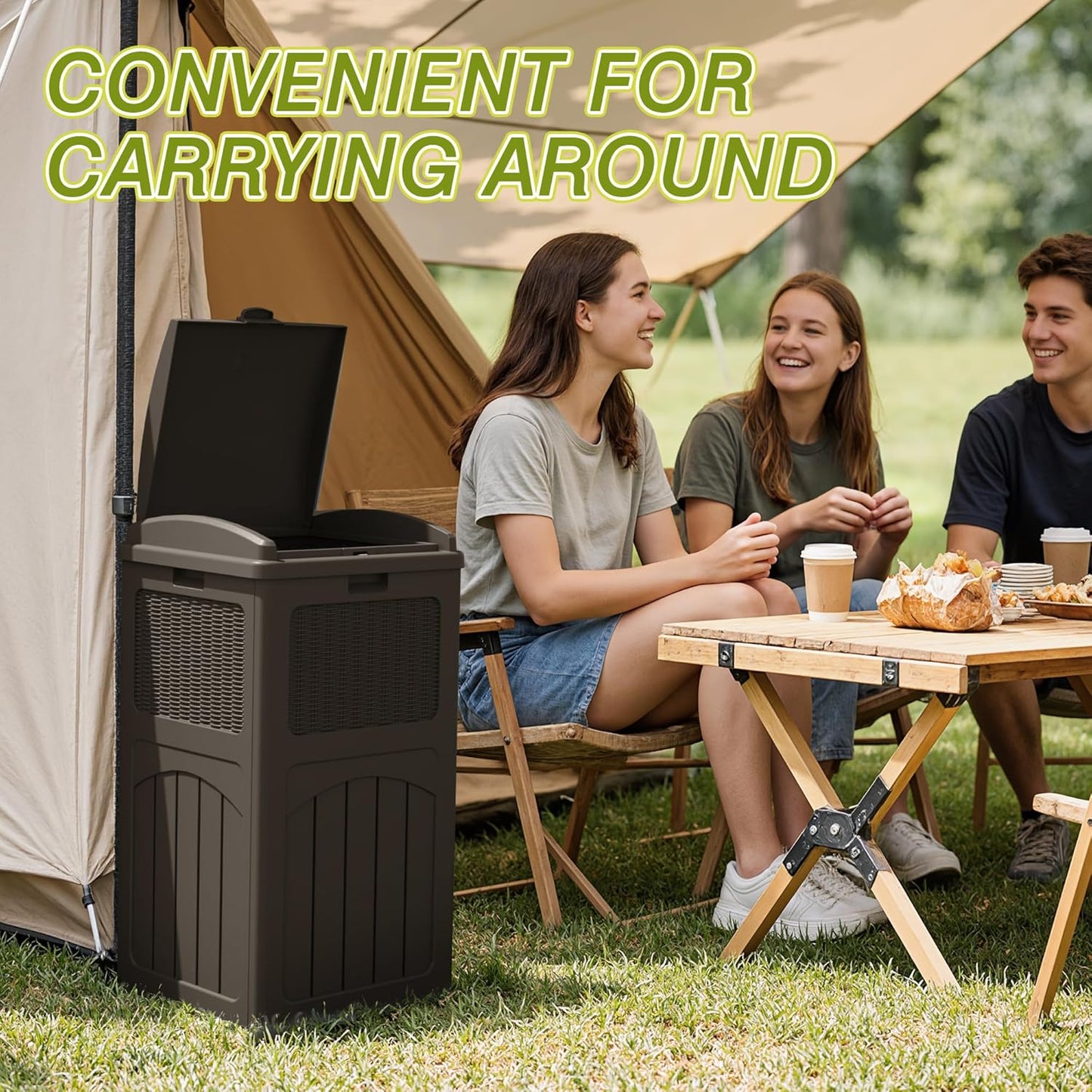 Greesum 33 Gallon Outdoor Trash Can with Lid, Waterproof Resin Garbage Bin for Hideaway, Deck, Patio, 3 Pack, Dark Brown