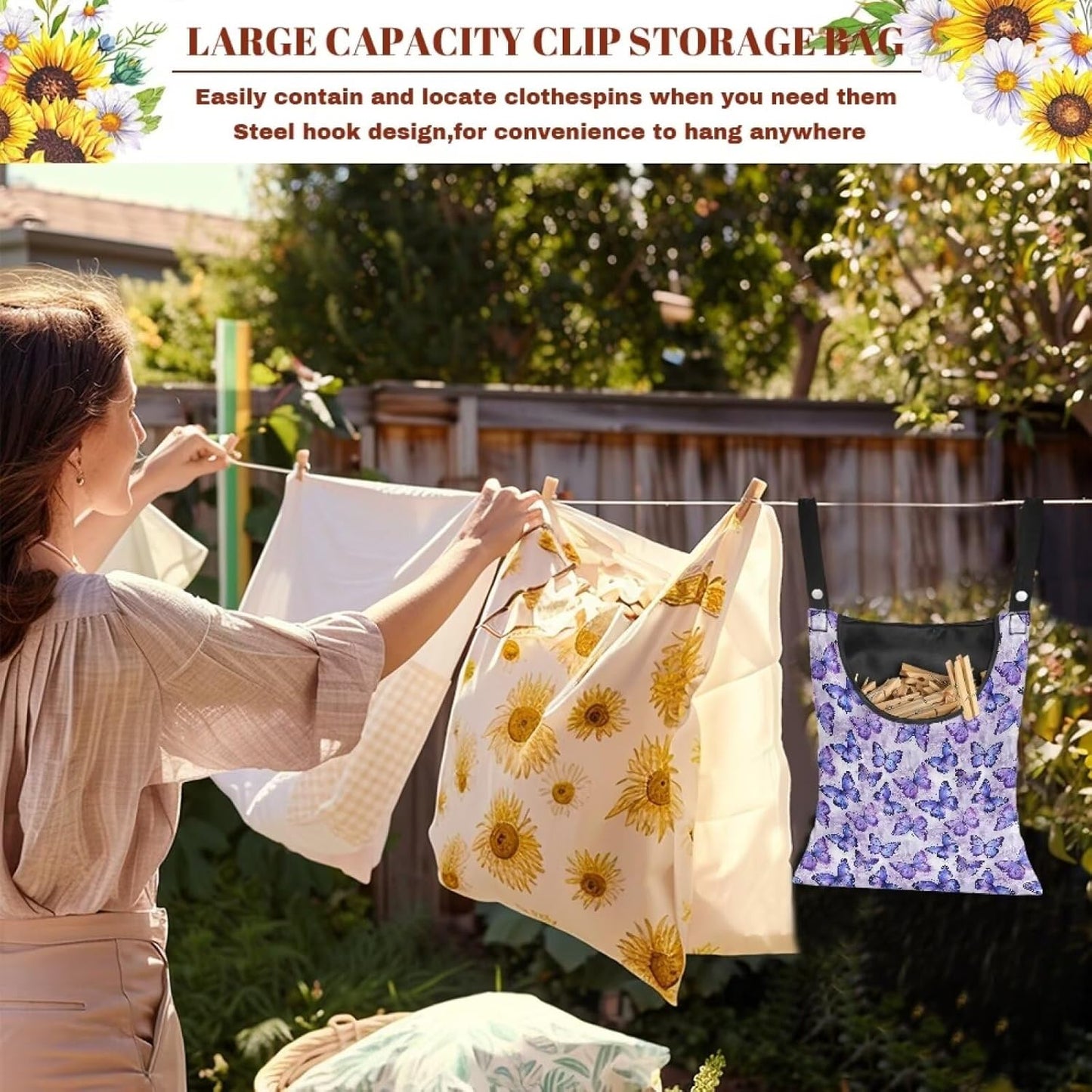 2 Pcs Butterfly Purple Clothespin Bag for Clothesline Outdoor, Soft & Lightweight Hanging Bag for Laundry, Clothes Pins Bag Holder Outdoor, Clothes Pin Bag for Outside