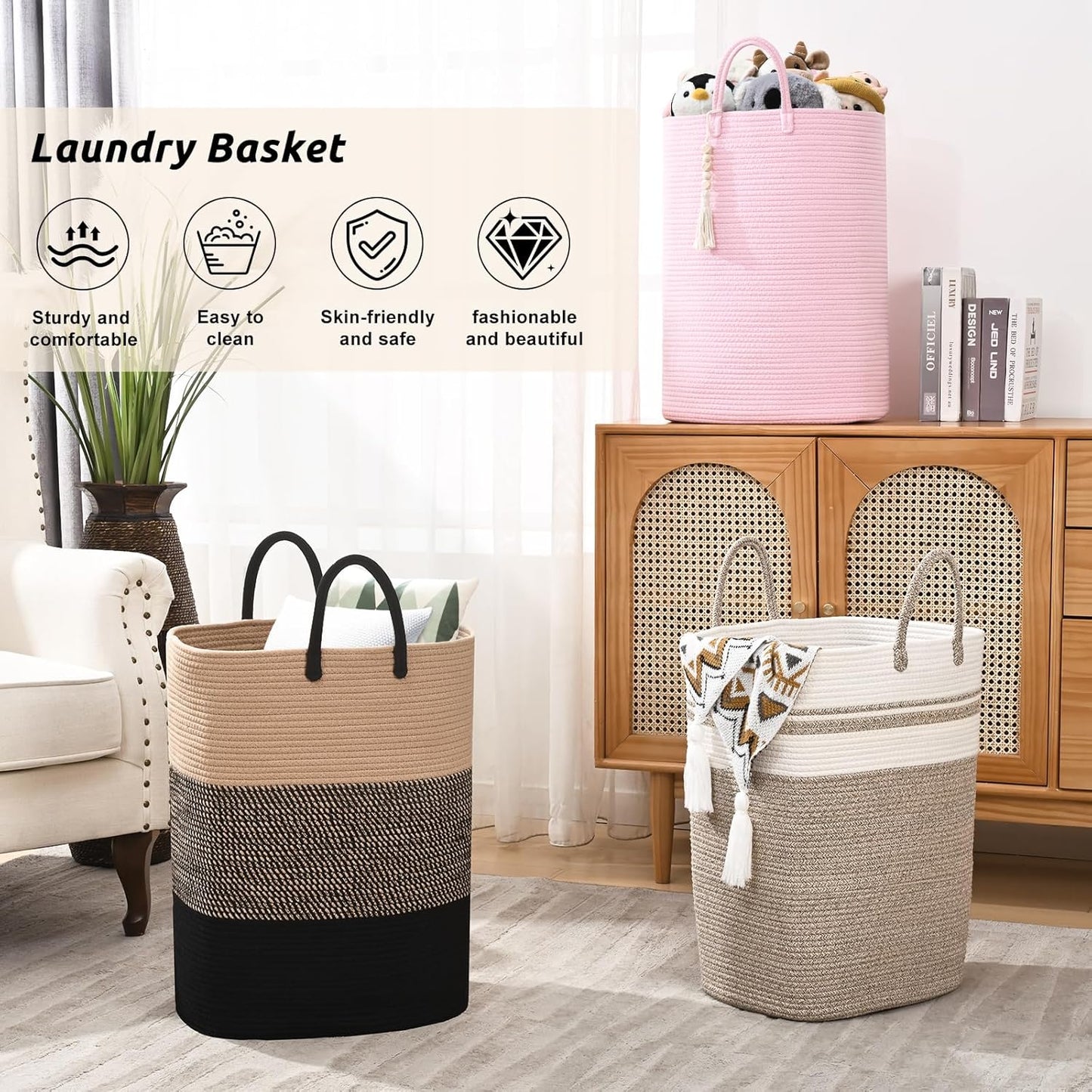 Woven Laundry Basket for Clothes, 80 L Large Rectangle Laundry Hampers with Beads Tassel, Nursery Storage Basket for Toys, Tall Dirty Clothes Hamper for Bedroom Aesthetic, Laundry Room Organization