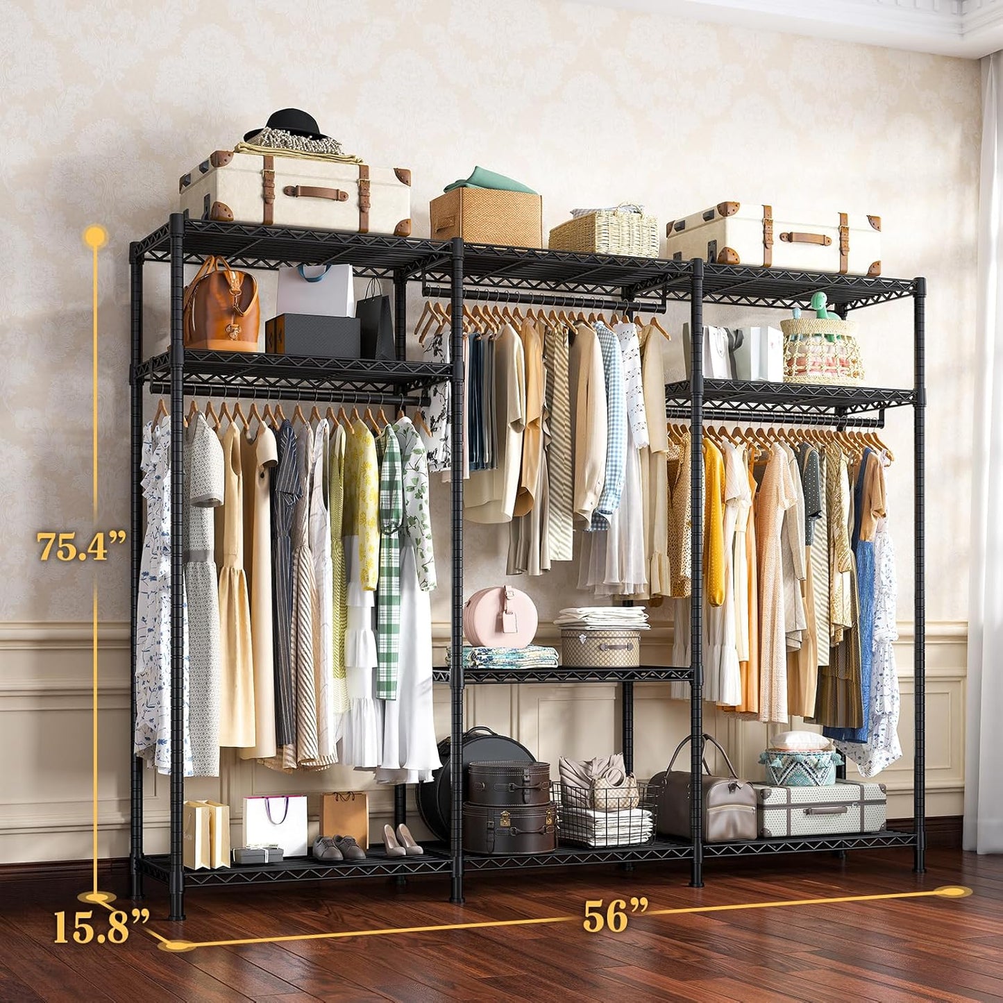 Raybee Clothes Rack Heavy Duty Load 795LBS Portable Clothing Racks for Hanging Clothes Adjustable Garment Rack, 56" W X16 D X 75.5" H Black