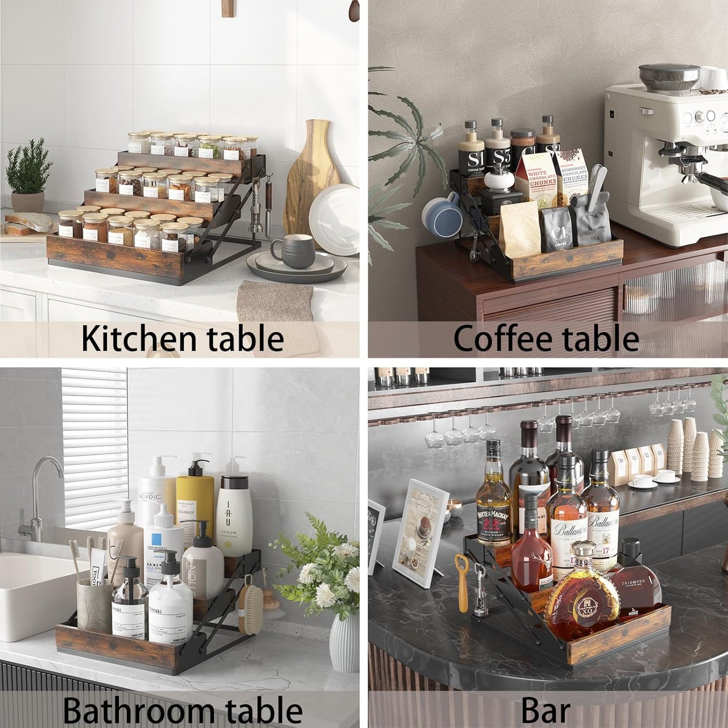 3 Tier Spice Rack Organizer for Cabinet, Foldable Spice Rack for Countertop, Cabinet Drawers Rustic Wooden Seasoning Spice storage for Kitchen Station, Pantry, Home - 1PC