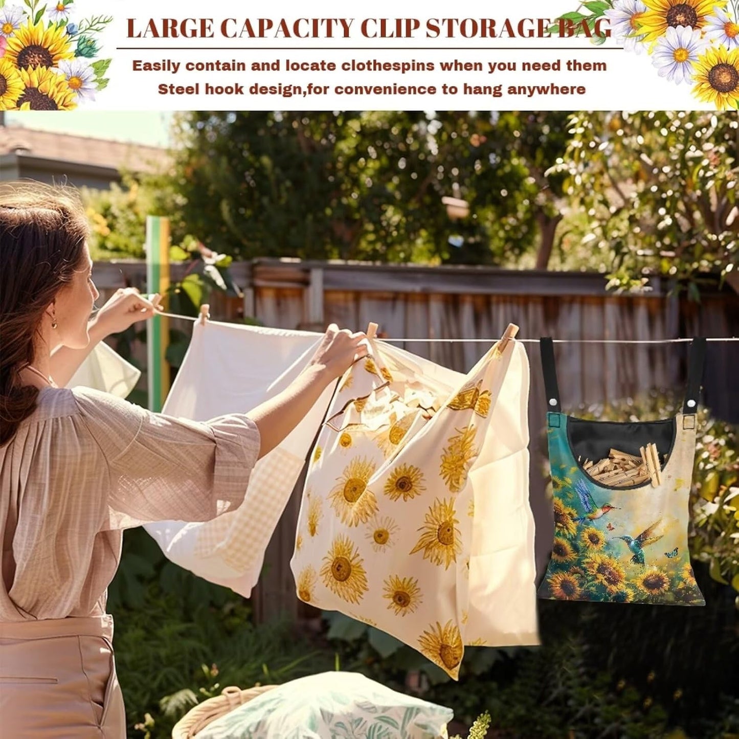 2 Pcs Clothes Pin Hanging Bag with Big Opening Storage Clothes Pins & Mini Clothespins,Hanging Laundry Bag Fits Retractable Clothes Line Outdoors(Hummingbird Sunflower)