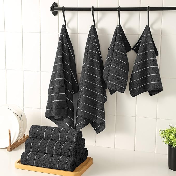 Microfiber Kitchen Towels and Dishcloths Set, 26 X 18 Inch and 12 X 12 Inch, Set of 12 Bulk Lint Free Dish Towels for Drying Dishes, Black