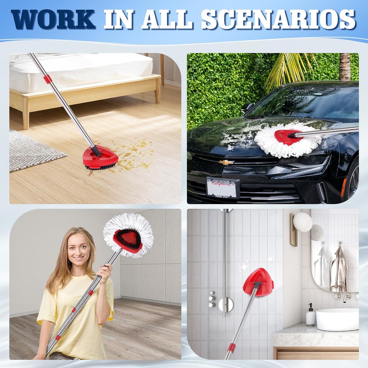 4 Pack Spin Mop Replacements Head Compatible with Oceda EasyWring 1-Tank System,Microfiber Spin Mop Refills Head,1 Mop Scrub Brush + 1 Mop Base + 4 Pack Cleaning Floor Mop Head(White)