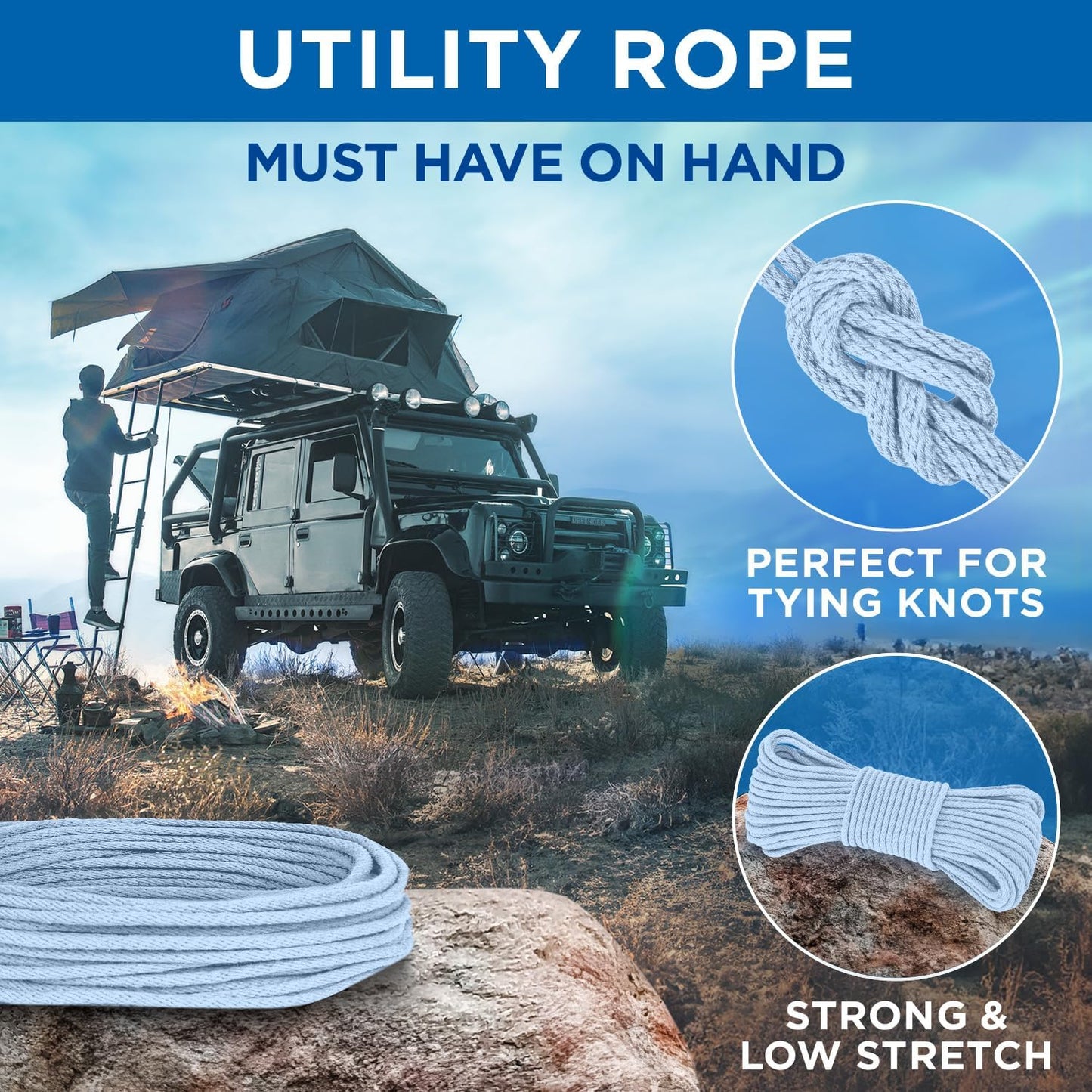 TECEUM Cotton Rope 3/16” (5 mm) – 50 FT – Strong All-Purpose Braided Rope – Natural Cotton – for Crafting, Сamping, Clothes Line, DIY, Indoor & Outdoor Use – Baby Blue