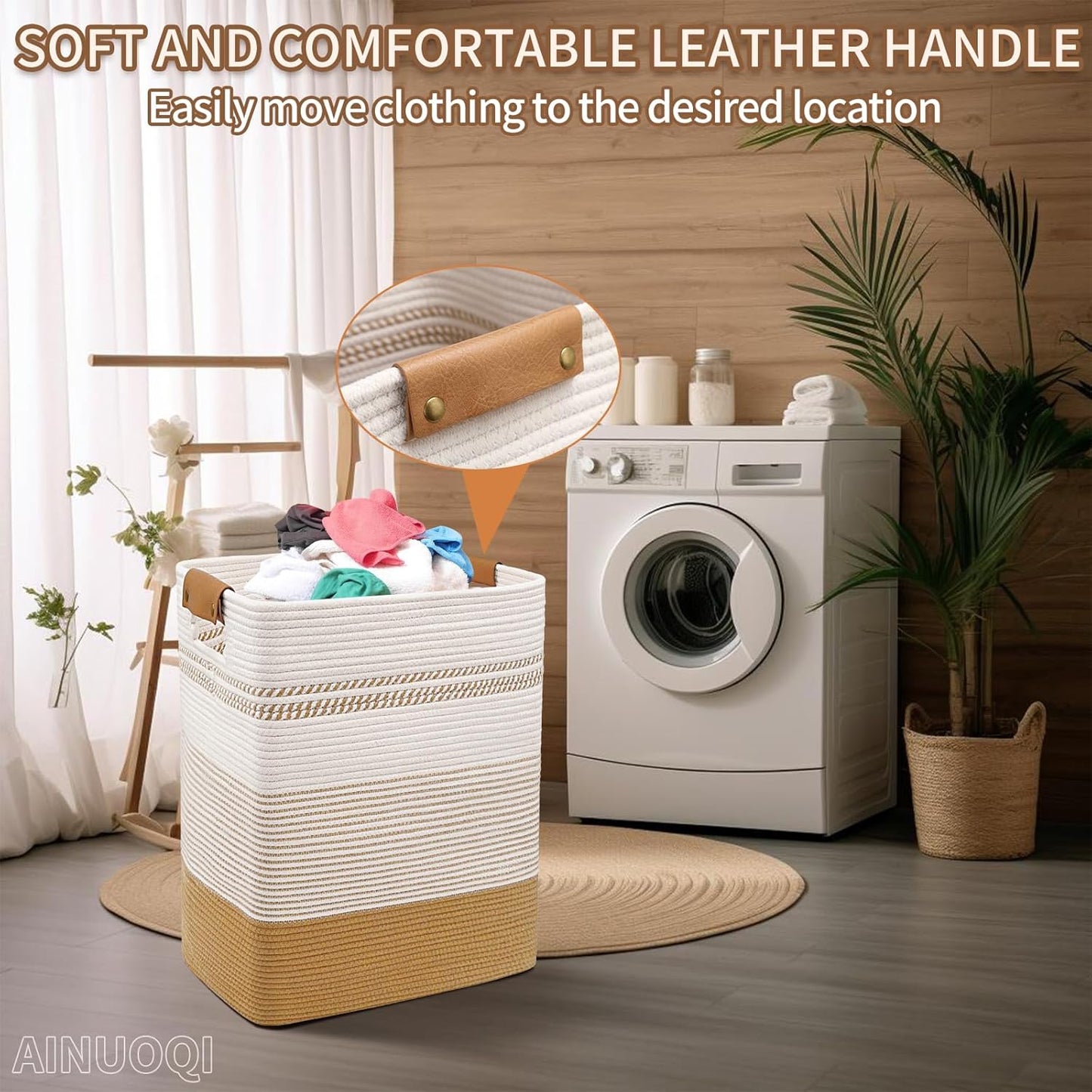 Laundry Hamper Large Laundry Basket with Leather Handles, Decorative Storage Cotton Rope Woven Basket for Blankets, Clothes Hamper for Living Room, Jute & White, 85L