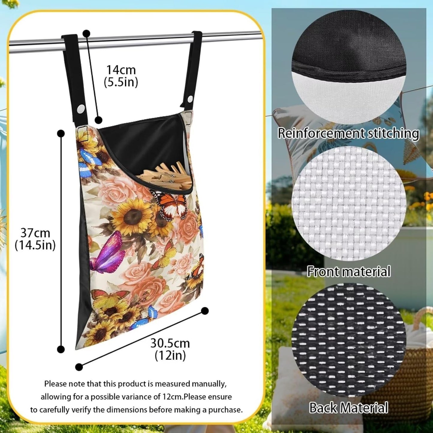 Butterfly Clothespin Bag with Hanging Sunflowers Rose Hook Waterproof Clothes Pin Hanging Bag Space-Saving Clothespin Storage Organize Clothespin Bag for Clothesline Outdoor