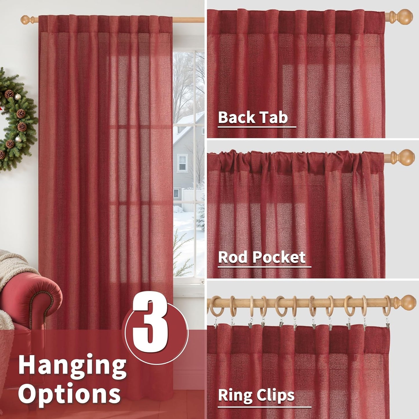 YoungsTex Red Linen Semi Sheer Curtains 78 Inch Length for Living Room, Christmas Light Filtering Window Drapes with Rod Pocket Back Tab for Dining Bedroom, 2 Panels, 52 X 78 Inch