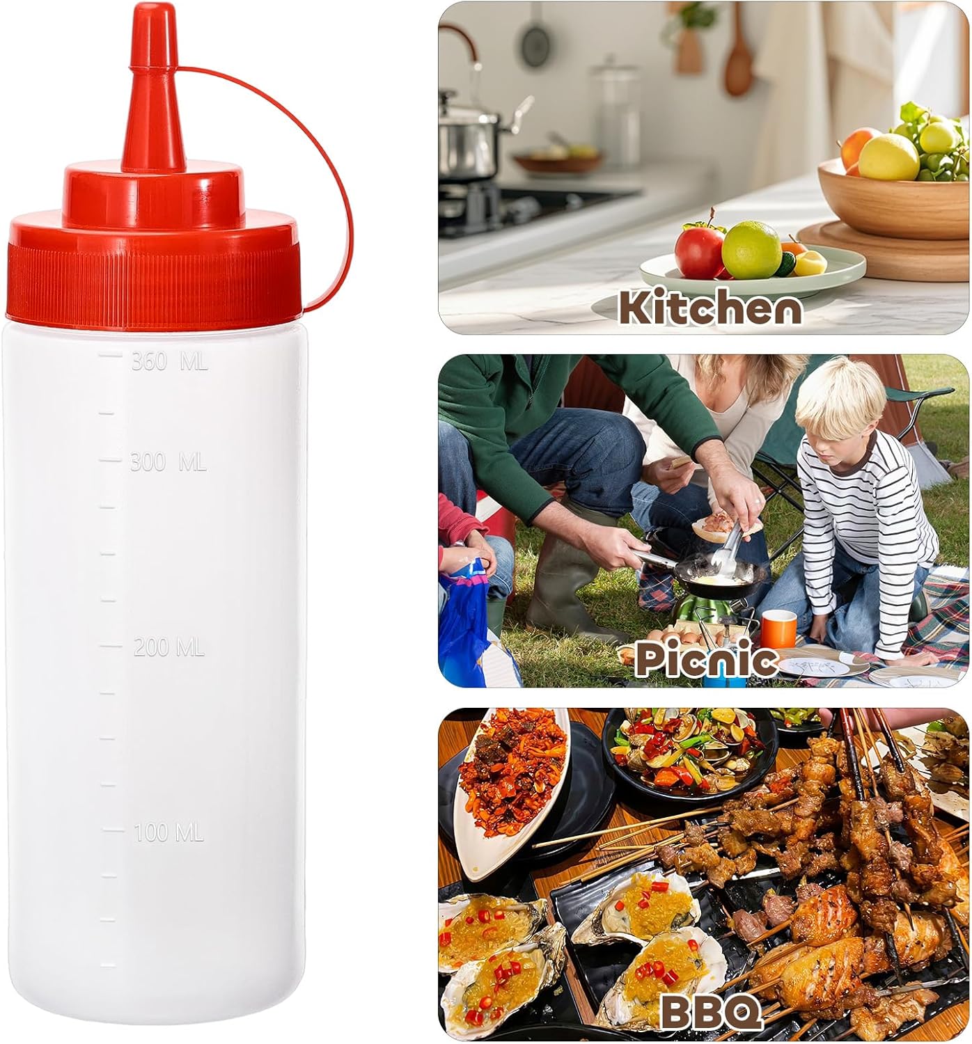 Condiment Squeeze Bottles Ketchup Dispenser, 4 Pack 12oz Squeeze Bottles for Liquids, Plastic Sauce Bottle with Cap Lid, Squirt Bottles for Sauces Liquids BBQ Dressing Pancake Art