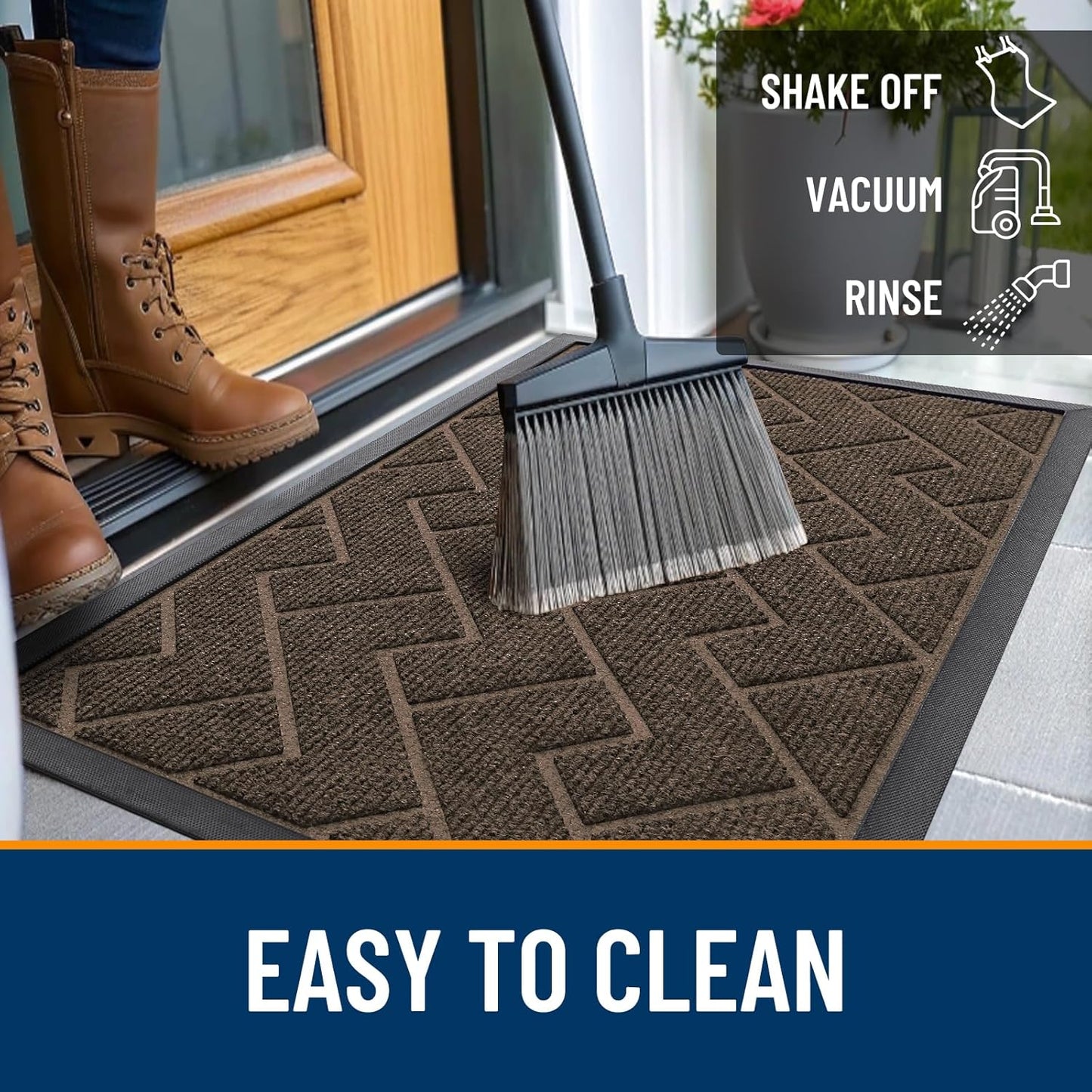 OLANLY Front Door Mat Indoor Outdoor Entrance, Waterproof All-Season, All-Weather Doormat, Sturdy Natural Rubber, Low Profile, Easy Clean Patio Porch Entryway Mat, Herringbone Brick (Brown, 47x32)