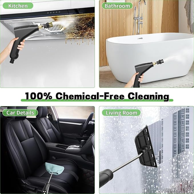 Handheld Steam Cleaner for Home, 2500W High Temperature Pressurized Machine, 1.2L Water Tank, Handle-controlled Steam Output, Portable Cleaning Steamer for Car, Bed Bugs, Furniture, Grout (Green)