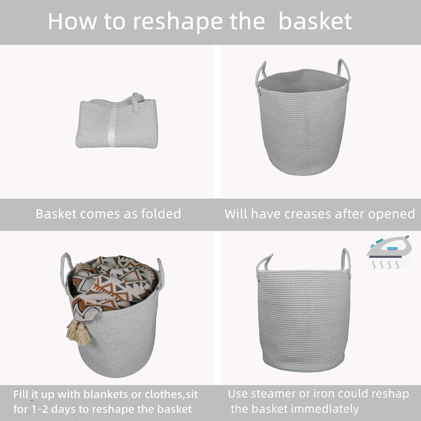 Cotton Rope Laundry Basket Hamper for Clothes Woven Storage Basket for Living Room Bedroom Boho Tall Rope Baskets for Blanket Toys Pillow Towels Baby Nursery Hamper Bin Large light grey