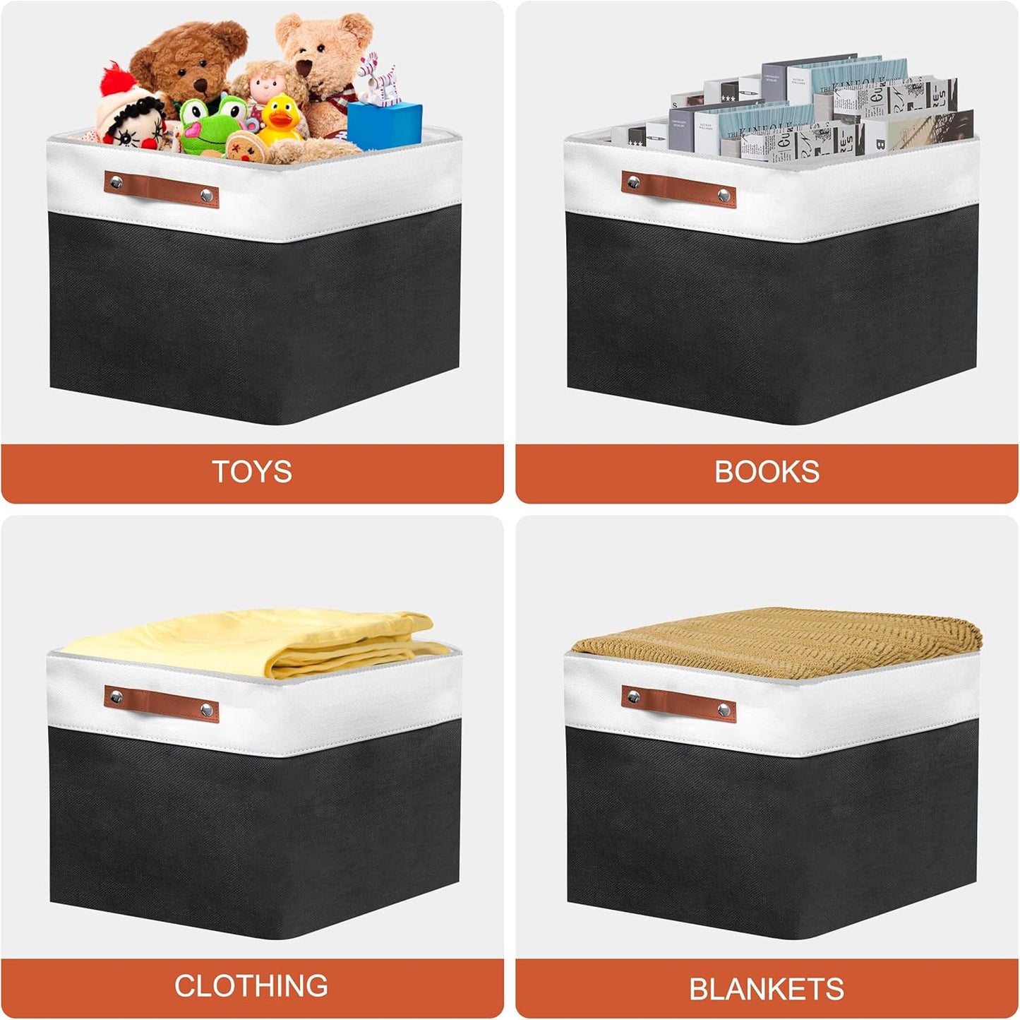 13in Open Fabric Storage Basket with Leather Handles for Organizing, Collapsible Linen Closet Bins for Shelves, Closets, Laundry, Decorative Basket for Gifts. (White&Black, 2PCS/13x13in)