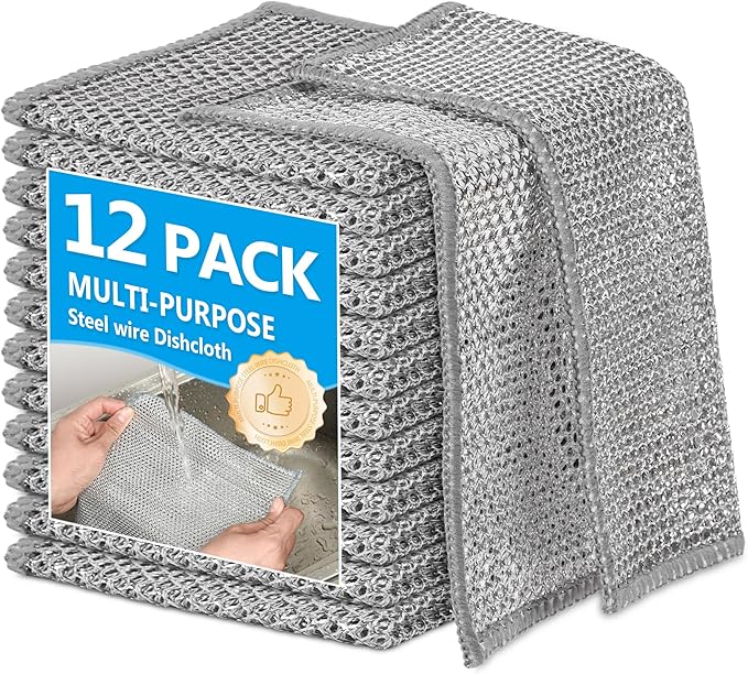 12Pack Multipurpose Wire Dishwashing Rags, Upgrade Non Scratch Wire Dishcloth, for Wet and Dry Use, Reusable Metal Scrubbing Microfiber Clean Cloths for Home/Kitchen/Stove
