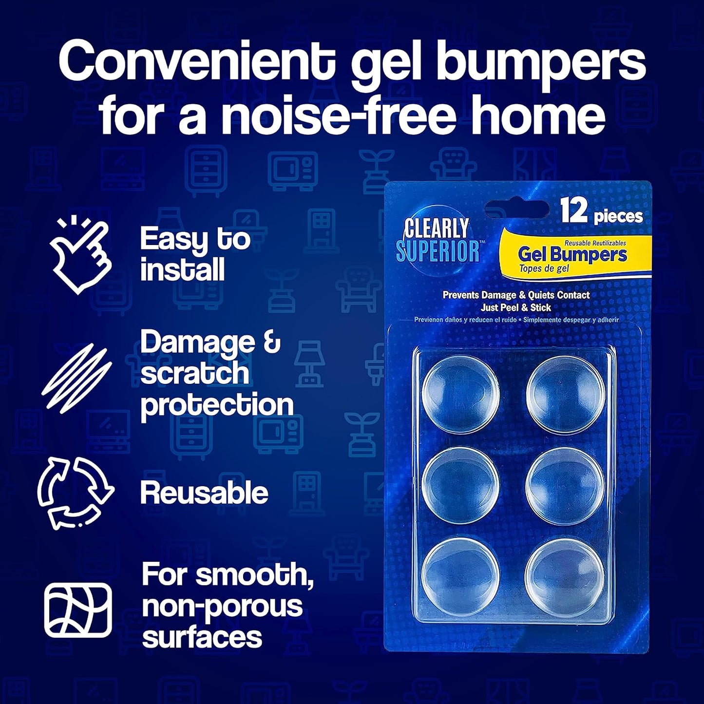 Multi-Use Bumper Guards - Med 8 Pack Rectangle 2" x 1" x .2" - Protects & Quiets Contact from Furniture, Doors, Dressers, & Appliances - Reusable & Easy to Apply Polymer Gel Bumper
