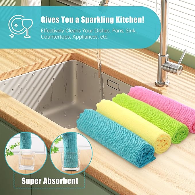MOONQUEEN 12 Pack Microfiber Cleaning Cloth - Reusable Cleaning Rag, Fast Drying Cleaning Towels,12"X12", Green/Blue/Yellow/Pink
