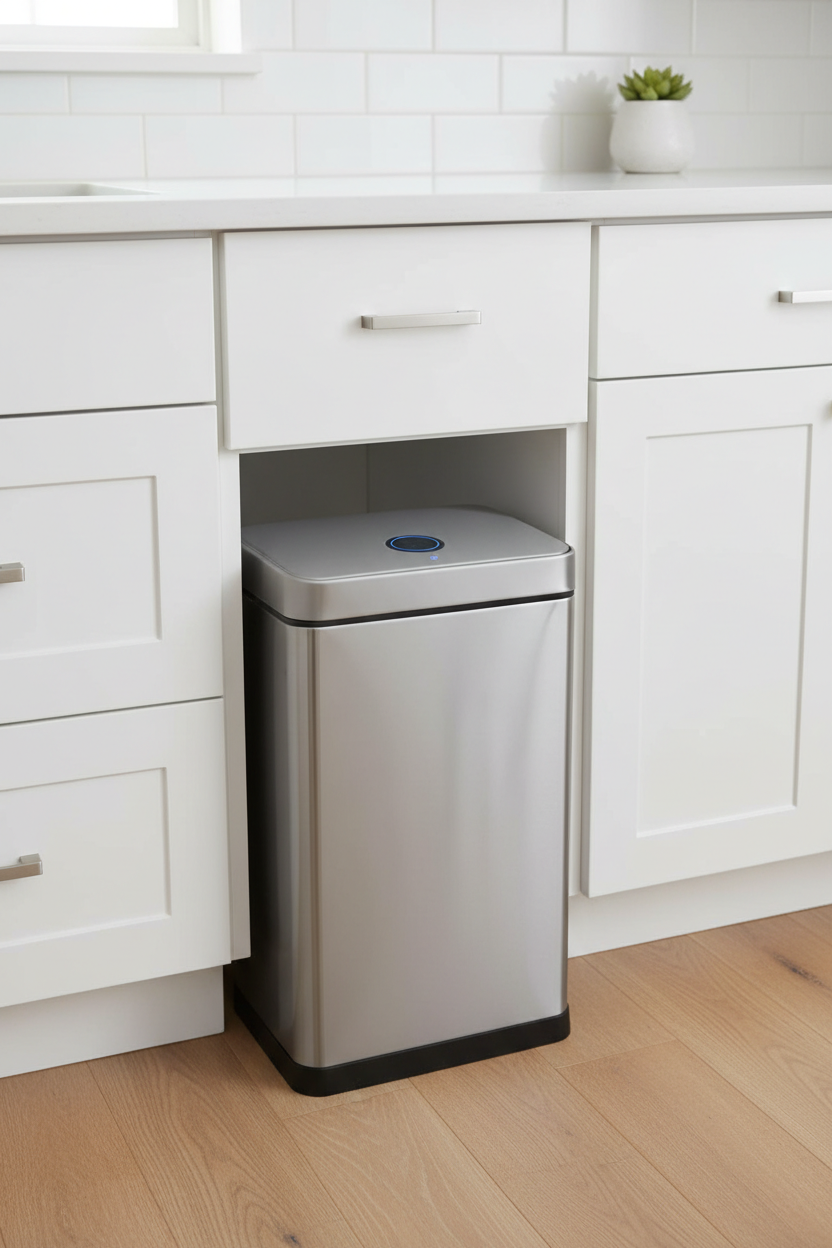 motion sensor trash can in a modern kitchen trash area with sensor visible on the closed lid