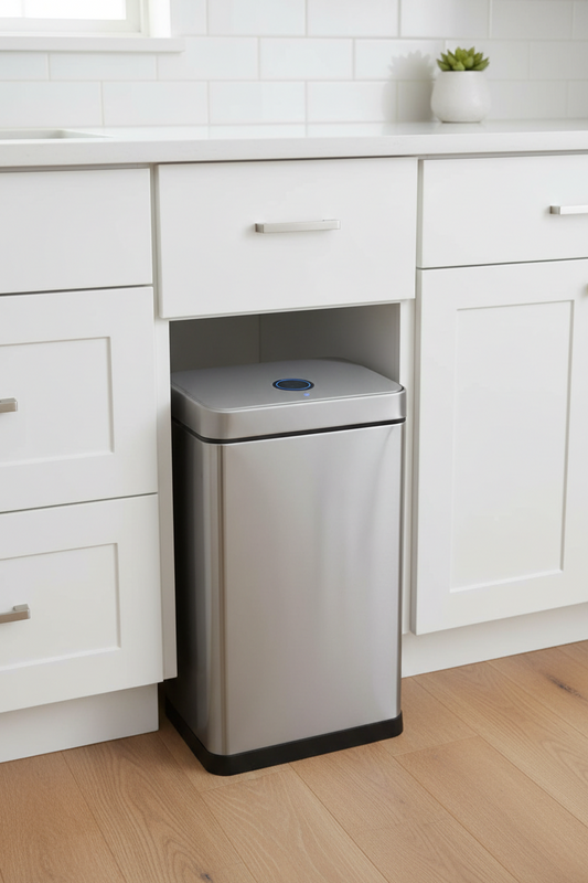 motion sensor trash can in a modern kitchen trash area with sensor visible on the closed lid