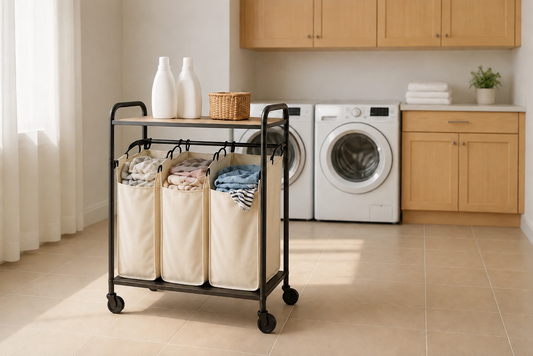 Rolling laundry sorter with shelf in a small modern laundry room near washer and dryer