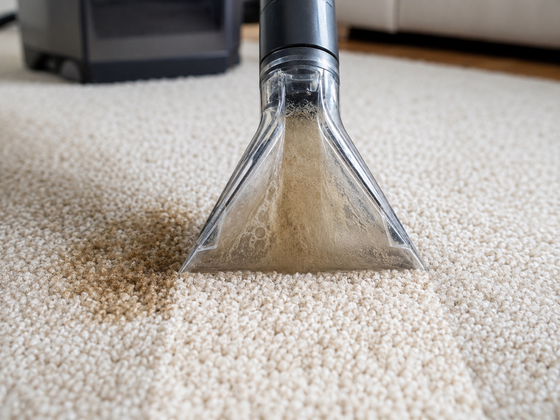 Close-up of portable carpet spot cleaner no⁹zzle extracting a pet stain from light beige carpet