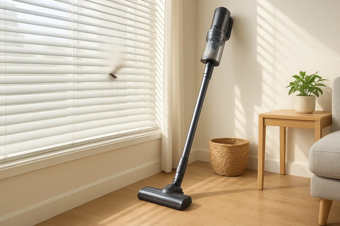 Cordless stick vacuum standing upright near a clean set of horizontal window blinds with dust being removed in a bright modern living room