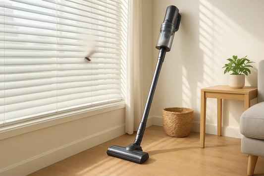 Cordless stick vacuum standing upright near a clean set of horizontal window blinds with dust being removed in a bright modern living room