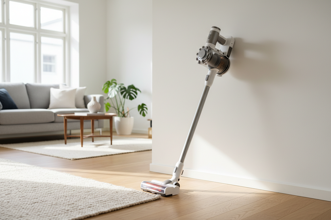 Cordless stick vacuum cleaning light oak hardwood floor near woven area rug edge in bright modern living room