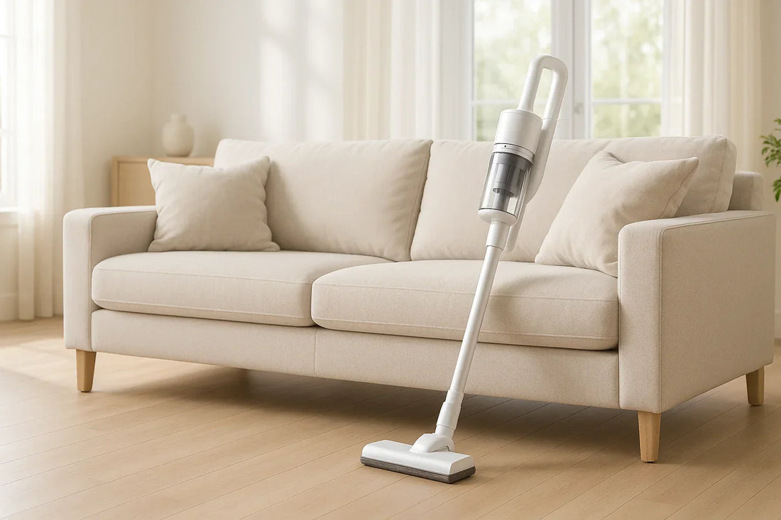 Cordless stick vacuum gently removing dust from a light-colored sofa in a bright modern living room