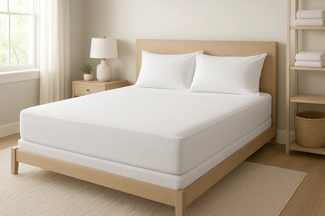 Bright bedroom with neatly made bed showing deep-pocket mattress protector fitted on mattress