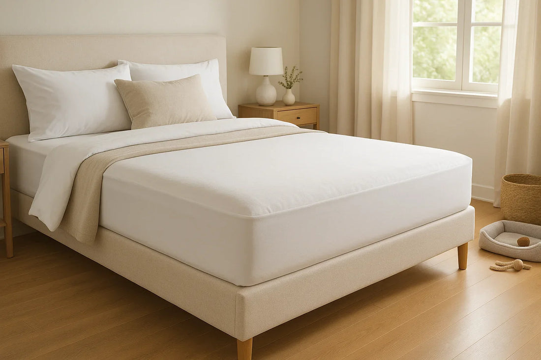 Modern bedroom with neatly made bed featuring a deep-pocket mattress protector fitted snugly, bright natural light highlighting clean bedding