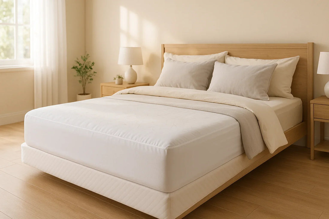 Modern bedroom with a neatly made bed featuring a deep-pocket mattress protector fitted snugly over mattress corners, soft neutral bedding, and natural daylight highlighting the clean mattress surface with subtle pet hair presence