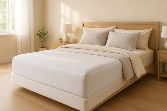 Modern bedroom with a neatly made bed featuring a deep-pocket mattress protector fitted snugly over mattress corners, soft neutral bedding, and natural daylight highlighting the clean mattress surface with subtle pet hair presence