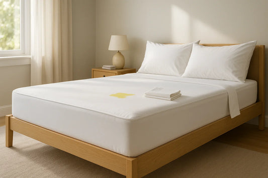 Modern bedroom with neatly made bed featuring deep-pocket mattress protector fitted securely over mattress corners