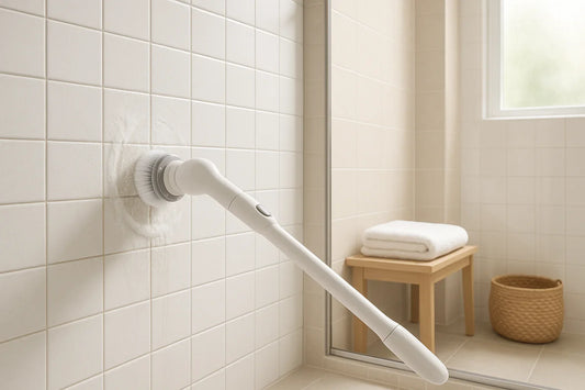 Electric spin scrubber cleaning grout lines on tiled shower wall in a modern bathroom