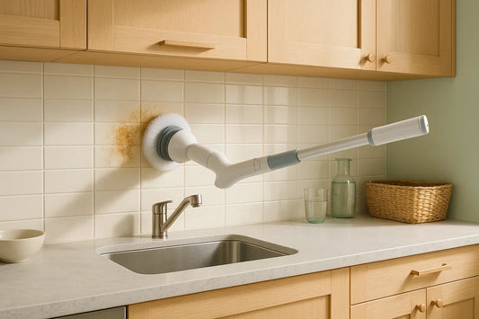 Electric spin scrubber cleaning kitchen backsplash tiles near stainless steel sink with visible grease buildup