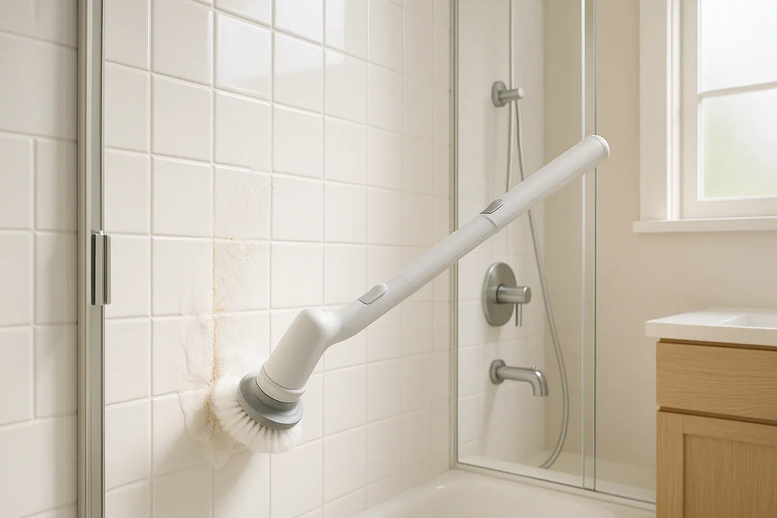 Electric spin scrubber in use on white shower tiles with grout lines showing soap scum being removed in a bright modern bathroom